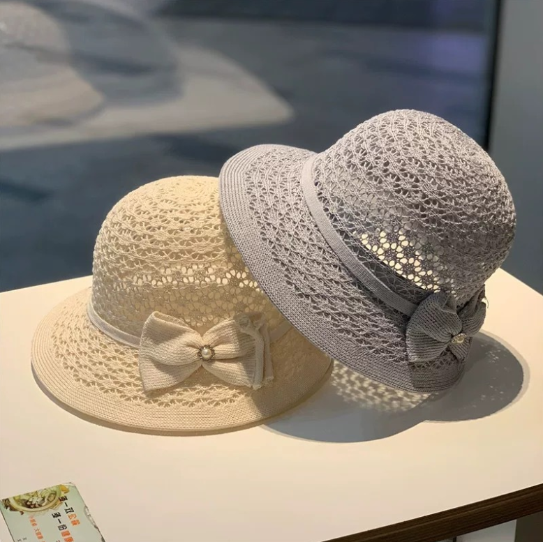 Womens Wide Brim Straw Sun Hat with Lace Bow Detail